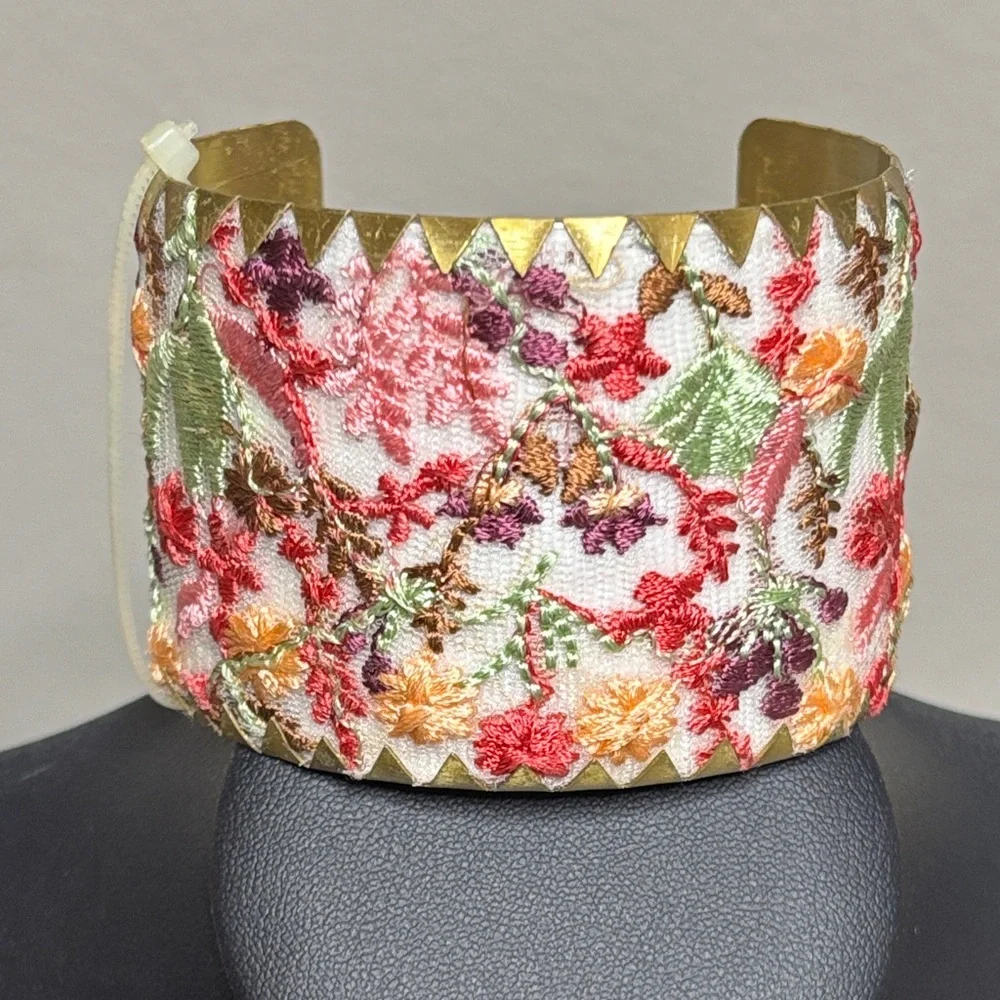 Cottage Floral Embroidered Boho Statement Cuff Bracelet - Picture 1 of 5